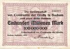 Inflation 1923 DE 100 Mio. Mk. Bochum , Banknote 100 Millionen Mark Schein gbr. Keller 483.h , Westfalen 1923 -