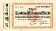 Inflation 1923 DE 50 Mio. Mk. Meisenheim , Banknote 50 Millionen Mark Schein in gbr. Keller 3504.h , Rheinland -