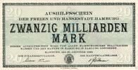 Inflation 1923 DE 20 Mia. Mk. -o.Kn- Hamburg , Banknote 20 Milliarden Mark -MUSTER- unc-kfr. Keller 2109.u , Hamburg -