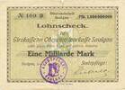 Inflation 1923 DE 1 Mia. Mk. Saulgau , Banknote 1 Milliarde Mark Scheck gbr.- Keller 4721.L Württemberg 1923 -