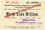 Inflation 1923 DE 1 Mio. Mk. Rosslau , Banknote 1 Million Mark Scheck unc-kfr. Keller 4634.e , Anhalt 1923 -