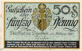 Notgeld DE 50 Pf. Notgeld Dresden , Stadt , 50 Pfennig Schein in kfr. Tieste 1475.255.10 , von 1921 , Sachsen Verkehrsausgabe -