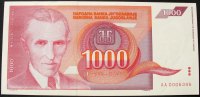 Jugoslawien 1.000 Dinara P. 114 / Serie AA 0006346 / niedrige Seriennummer 6346 ! -