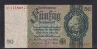 Deutsches Reich, Drittes Reich, 50 Reichsmark Ro.175b, DEU-210b, Friedensdruck, Wz. Kopf, Udr. Bst. F, Serie: U, -