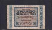 Weimarer Republik, Reichsbank, 20 Milliarden Mark Ro.115b, DEU-137g, Wz. Hakensterne, KN 6 stellig, FZ: FM, schwarzblau, -