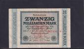 Weimarer Republik, Reichsbank, 20 Milliarden Mark Ro.115b, DEU-137g, Wz. Hakensterne, KN 6 stellig, FZ: BM, schwarzblau, -