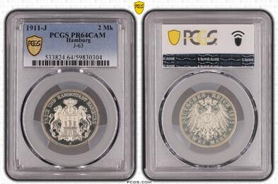 Hamburg 2 Mark 1911 J PCGS PR64CAM