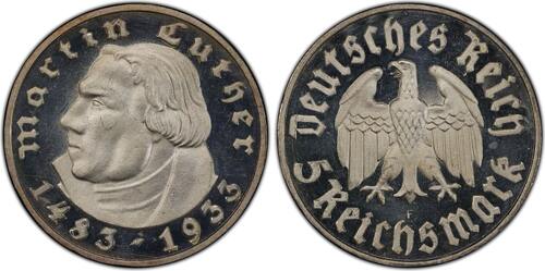 Drittes Reich 5 Mark 1933 F PCGS PR64DCAM. Polierte Platte