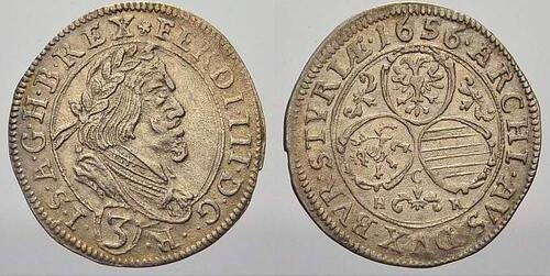 Haus Habsburg 3 Kreuzer 1656 Ferdinand III. 1637-1657. Von größter Seltenheit. SPL