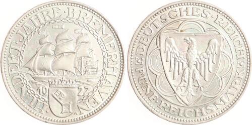 Weimarer Republik 5 Reichsmark 1927 A Bremerhaven. SUP