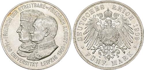 Sachsen 5 Mark 1909 (E) Friedrich August III. 1904-1918 SPL