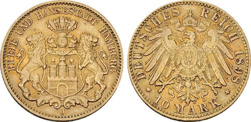 Hamburg 10 Mark 1898 J TTB