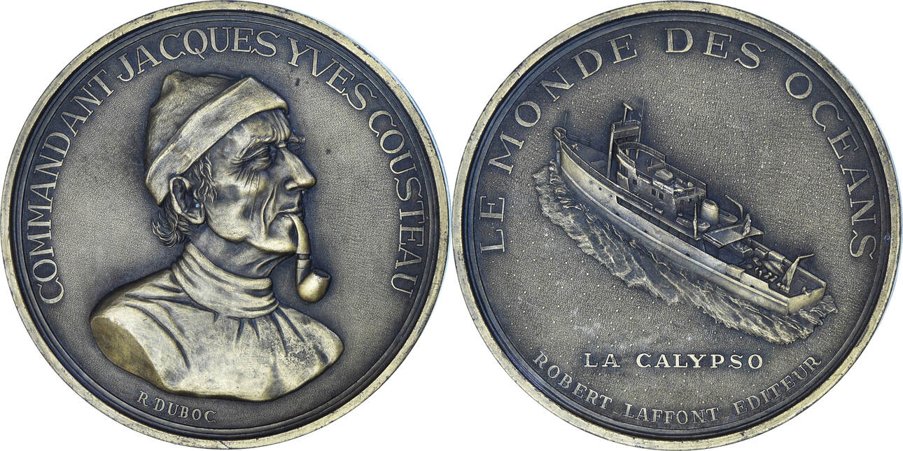 Médaille En Bronze Commandant Cousteau - La Calypso - Sculpture R. Duboc