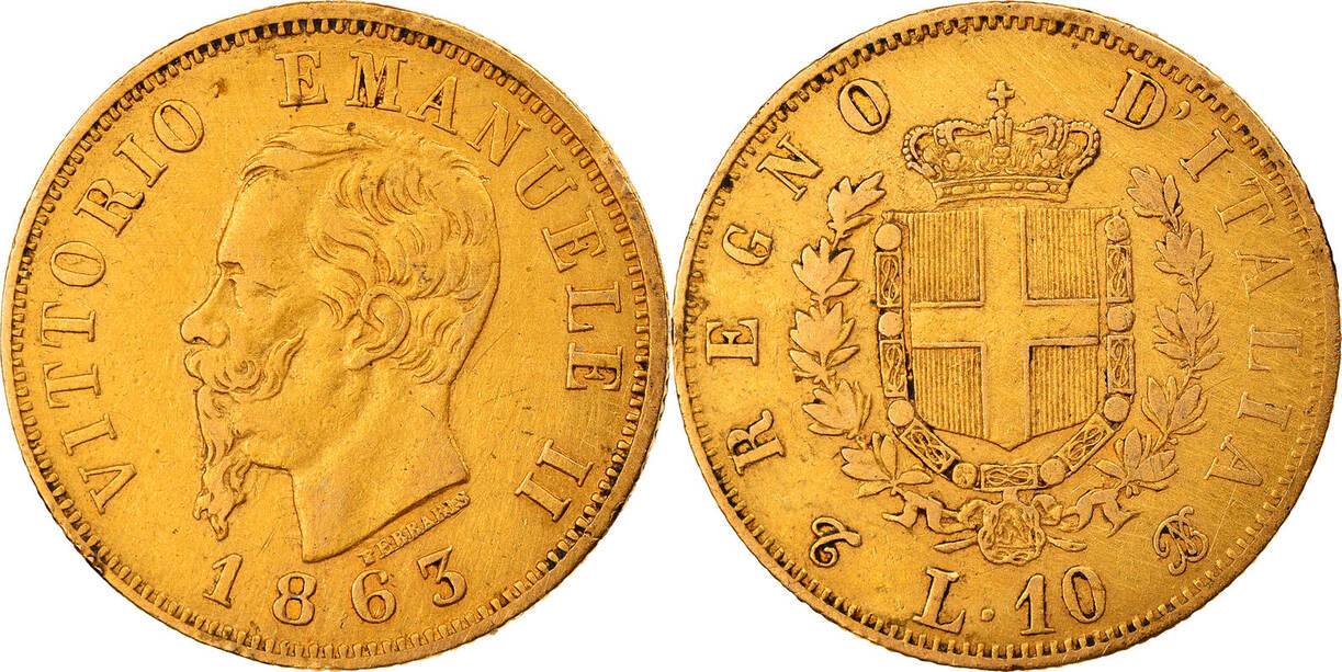 Italie 10 Lire 1863 T Monnaie, Vittorio Emanuele II, Torino, Or