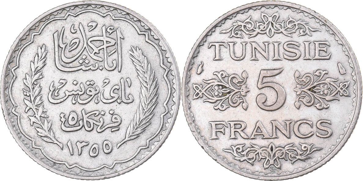 Monnaie Tunisie 5 Francs 1936 Argent – Ahmad Pasha Protectorat Français KM.261