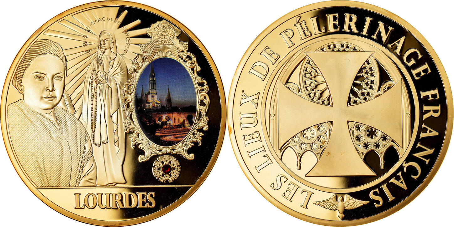 France Médaille Lourdes, Lieu de Pélerinage Français, Copper Gilt FDC ...