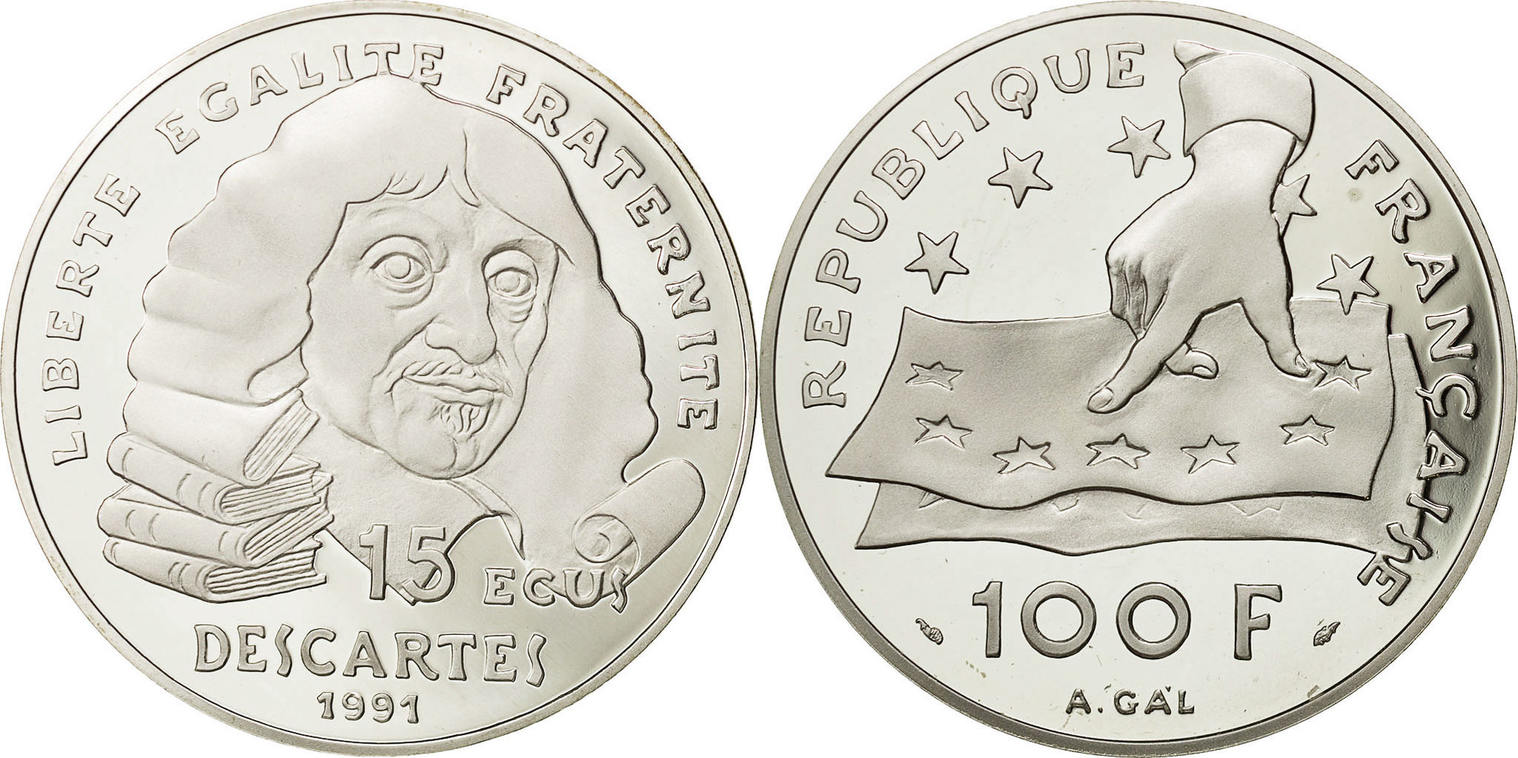 Valeur Pièce 100 Francs Argent Descartes 1991 France 100 Francs-15 Ecus 1991 Monnaie, Argent, KM:1002, Gadoury:c24 FDC |  MA-Shops