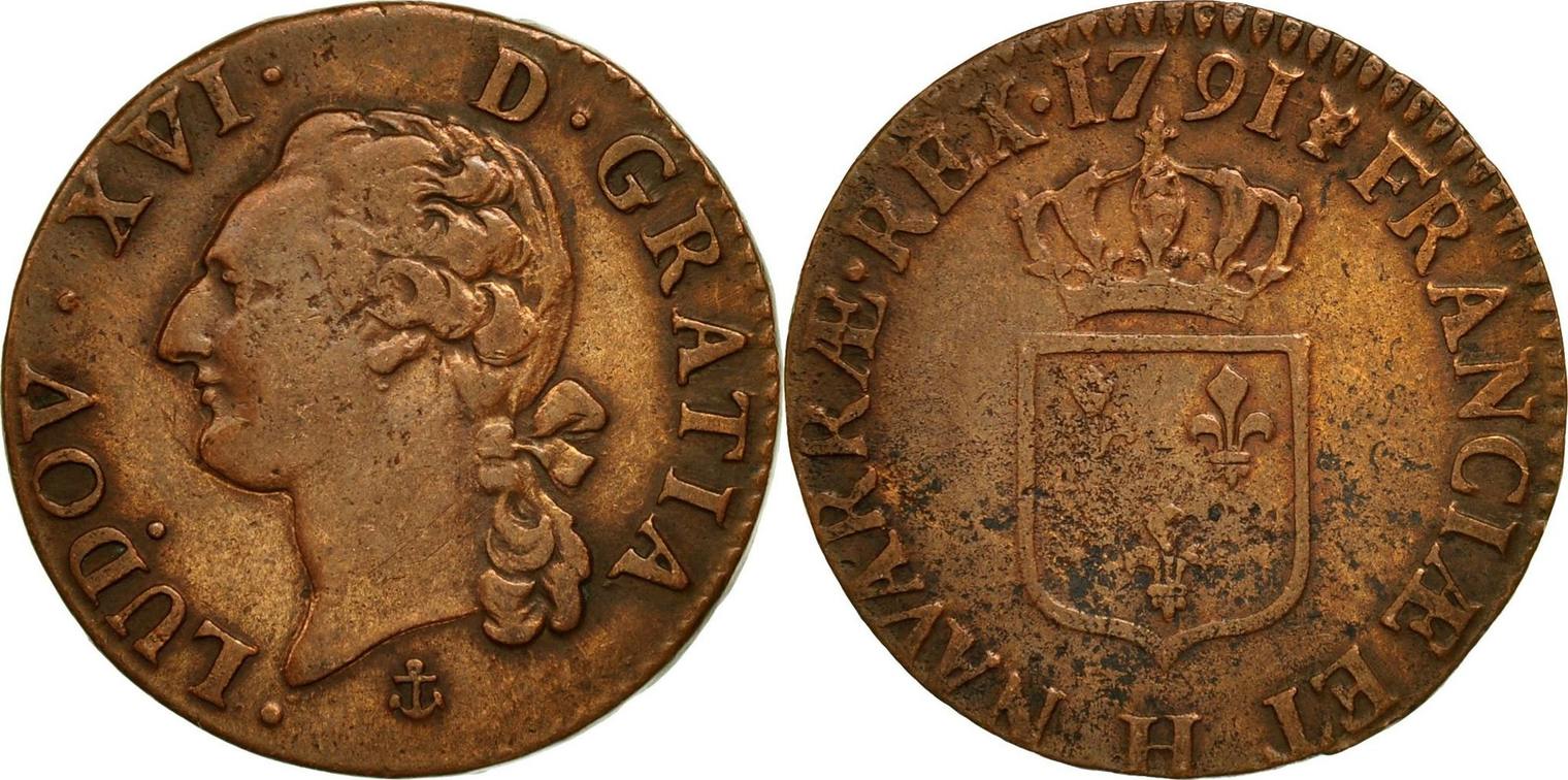 France 1791 H Monnaie, Louis XVI, 1/2 Sol ou 1/2 sou, La Rochelle TB+