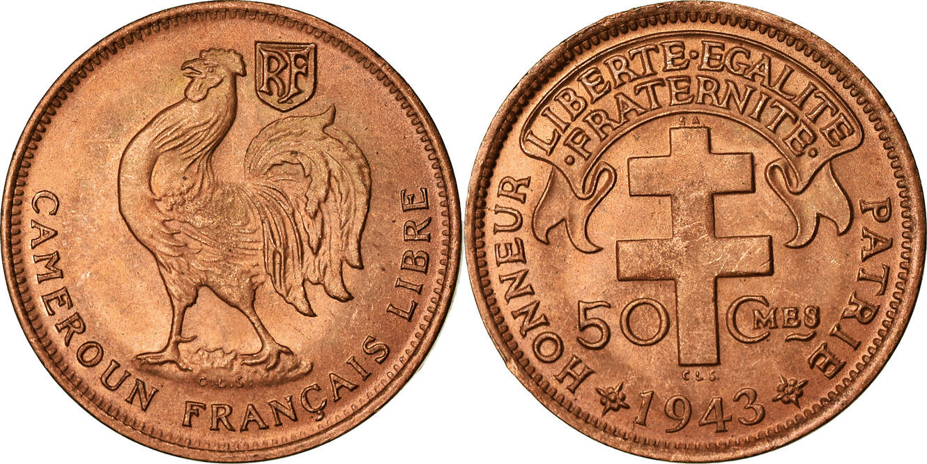 Cameroun 50 Centimes 1943 SA Monnaie, Pretoria, Bronze, KM:6 SPL