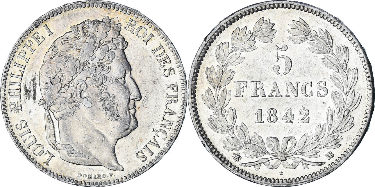 France 5 Francs 1842 BB Monnaie, Louis-Philippe, Strasbourg, Argent ...