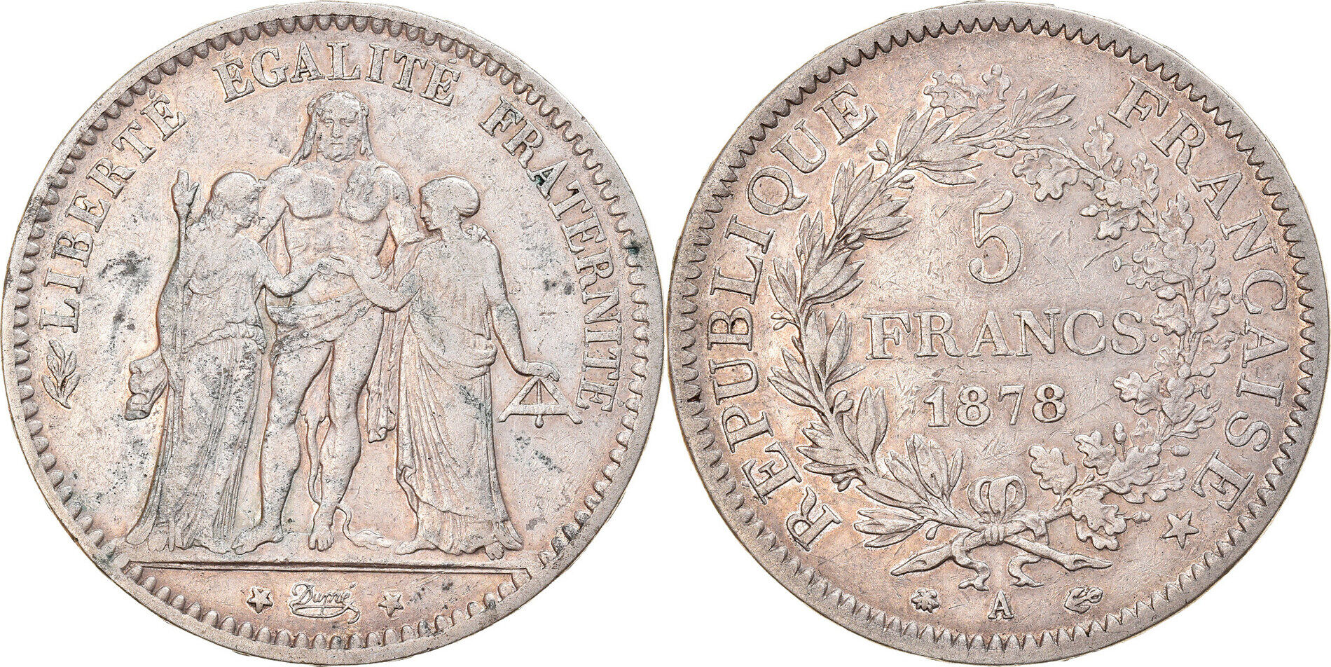 France 5 Francs 1878 A Monnaie, Hercule, Paris, Extremely