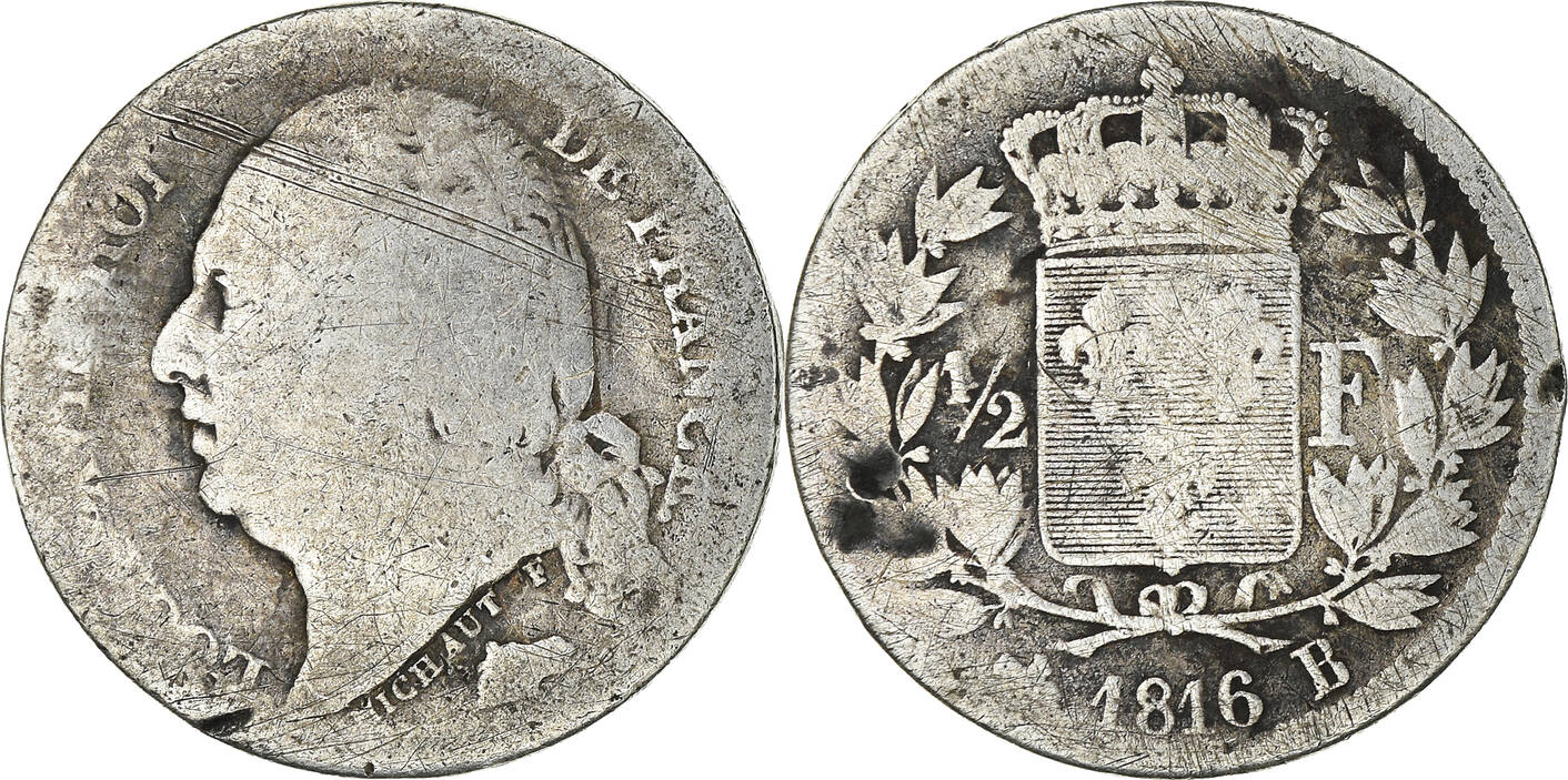 France 1/2 Franc 1816 B Monnaie, Louis XVIII, Louis XVIII, Rouen ...