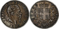Italie 5 Lire Vittorio Emanuele II, Naples, Rare, Argent, KM:8.2 -