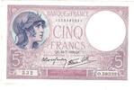France 5 Francs Violet, O.58332, Fayette:F04.1, KM:83 -