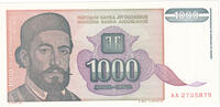 Yougoslavie 1000 Dinara Billet, KM:140a -