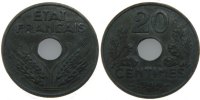 France 20 Centimes Monnaie, État français, Paris, Zinc -