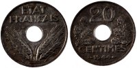 France 20 Centimes Monnaie, État français, Paris, Zinc -