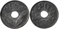 France 20 Centimes Monnaie, État français, Paris, Zinc -