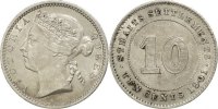 Établissements des détroits 10 Cents Monnaie, Straits Settlements, Victoria, Argent, KM:11 -