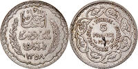 Tunisie 5 Francs Monnaie, Ahmad Pasha Bey, Paris, Argent, KM:264 -