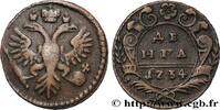 RUSSIE 1 Denga (1/2 Kopeck) aigle bicéphale RUSSIE Moscou ou Ekaterinbourg 1734 (25mm, 7,98g, 12h) -