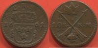 Ausländische Münzen ORE SUÈDE KARL XI 1 ORE KM EN CUIVRE ANNÉE 1661 ATELIER AVESTA POIDS 16.88g ETAT TTB / N° CATALOGUE : KM232.1 -
