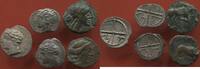 Lots BRONZE LOT DE 5 MONNAIES ANTIQUES 3 OBOLES DE MARSEILLE ET 2 PETIT AU TAUREAU A VOIR ET A REPERTORIER LOT EE -