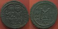 Antike Münzen FOLLIS JUSTIN II 565-578 EN BRONZE DE JUSTIN II AVEC SOPHIA FRAPPE A CYZIQUE ANNE III (567/8) A/ ASSIS DE FACE SUR UN DOUBLE TRÔNE -