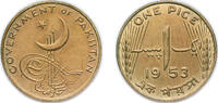 Pakistan 1 Pice Pakistan Dominion 1953 1 Pice Nickel brass (79% Copper, 20% Zinc, 1% Nickel) (47540000) 2.3g UNC KM 12 Schön 12 -