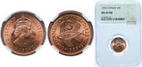 Cyprus 3 Mils Cyprus 1955 3 Mils - Elizabeth II (1st portrait) Bronze (95.5% Copper, 3% Tin, 1.5% Zinc) (6250000) 2.83g NGC MS 65 KM 33 -