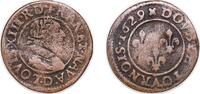 France 2 Deniers France Kingdom 1629 D Double Tournois - Louis XIII (Lyon; 6th type) Copper Lyon Mint 2.5g VF CGKL 348 Dy royales 1362 -