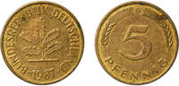 Germany 5 Pfennigs Germany 1987 G 5 Pfennigs Brass clad steel (90% Iron, 10% Brass) Karlsruhe Mint (34600000) 3.04g XF KM 107 J 382 Schön 105 -