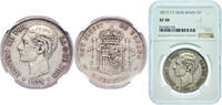 Spain 5 Pesetas Spain Kingdom 1877 ????18-77 5 Pesetas - Alfonso XII (2nd portrait) Silver (.900) Madrid Mint (6987000) 25g NGC XF 40 KM 676 Ca -