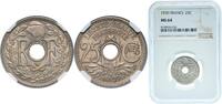 France 25 Centimes France Third Republic 1939 25 Centimes Nickel silver (Copper 600‰, Nickel 200‰ and Zinc 200‰) Paris Mint (42964500) NGC MS 64 Fr -