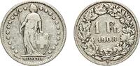 Switzerland (1848-date) 1 Franc Switzerland Federal State 1908 B 1 Franc (Helvetia standing; silver) Silver (.835) (16.5% copper) Bern Mint (1200000) 4.85g VF -