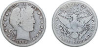 United States ½ Dollar United States Federal republic 1908 D ½ Dollar Barber Half Dollar Silver (.900) Denver Mint (3280000) 11.77g F KM 116 -
