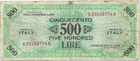 500 Lire 1943A Italy / Allied occupation Denomination in English & Italian VF