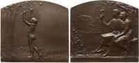 Frankreich, 3. Republik Große Bronzeplakette v. Baudichon, Kind pflückt Äpfel / Ehepaar am Wegesrand unter Eiche, Jugendstil -