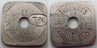 Nantes 20 centimes Nantes, tramways, 20 centimes contremarqué TN dans un ovale, zinc nickelé 25,1 mm, E.75.4 TTB+ -