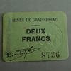 Numismatique des mines 2 francs Mines de Graissessac, carton de deux Francs avec tampon bleu, 2 francs, TTB+ -